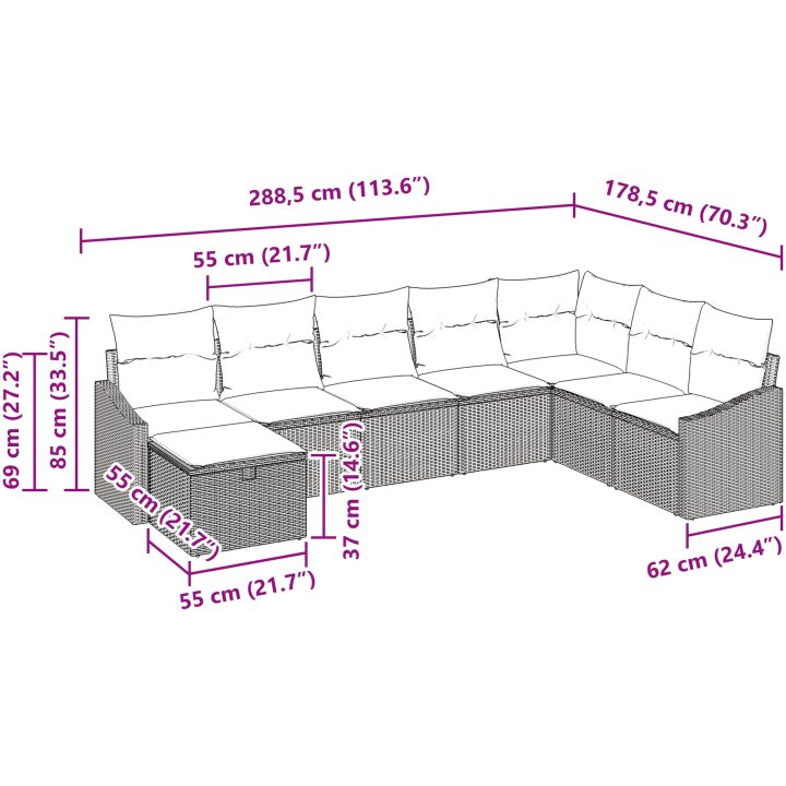 8-delars trädgårdsoffset med kuddar, ljusgrå polyrotting vidaXL 288,5 x 178,5 x 85 cm – bild 10