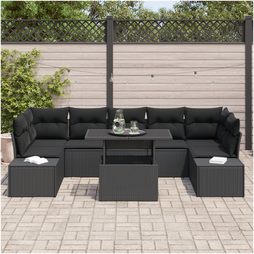 8-delars trädgårdsoffset med kuddar svart konstrotting vidaXL 100 x 55 x 73 cm – bild 3