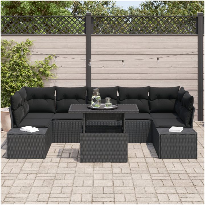 8-delars trädgårdsoffset med kuddar svart konstrotting vidaXL 100 x 55 x 73 cm – bild 3