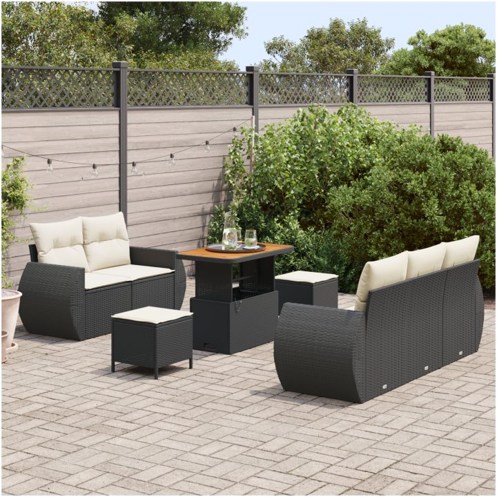 8-delars trädgårdsoffset med kuddar Svart Poly Rattan Akacia vidaXL Fyra - Delars set – bild 3