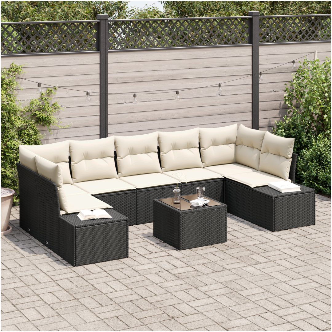 8-delars Trädgårdsoffset med Kuddar Svart Poly Rattan vidaXL 55 x 55 x 37 cm