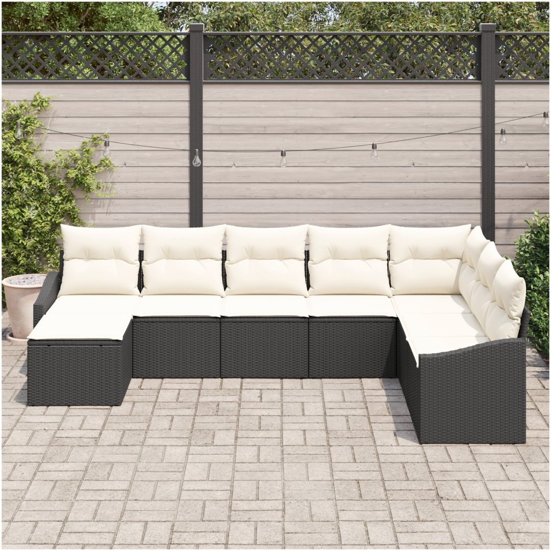 8-delars trädgårdsoffset med kuddar svart polyrotting vidaXL 288,5 x 178,5 x 85 cm – bild 3