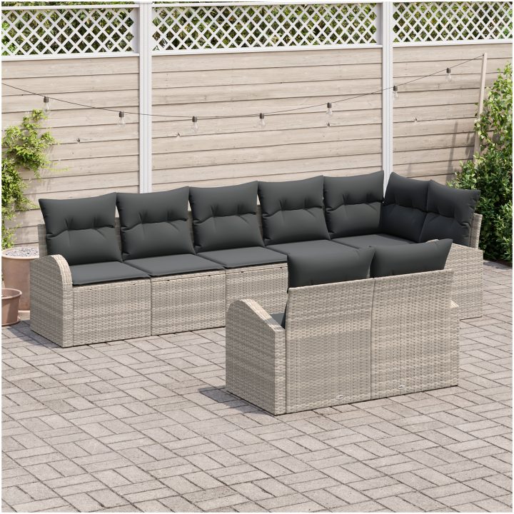 8-delars trädgårdsofset med kuddar i ljusgrå poly rattan vidaXL 289 x 124 x 85 cm – bild 3