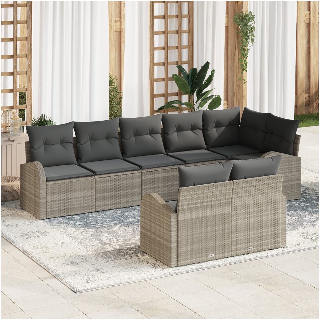 8-delars trädgårdsofset med kuddar i ljusgrå poly rattan vidaXL 289 x 124 x 85 cm