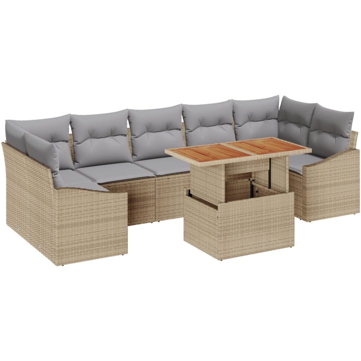 8-delars trädgårdsset med kuddar, beige polyrotting och akacia vidaXL 100 x 55 x 73 cm – bild 2