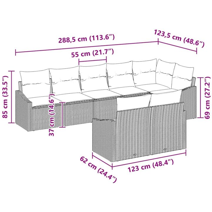 8-delars trädgårdsset med kuddar Grå polyrotting vidaXL 288.5 x 123.5 x 85 cm – bild 12