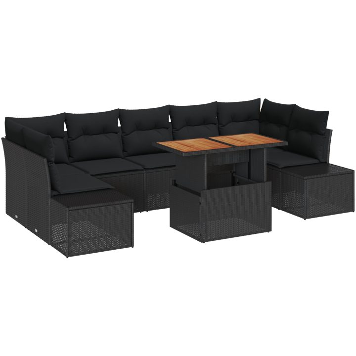 8-delars trädgårdsset med kuddar i svart polyrotan och akacia vidaXL 100 x 55 x 73 cm – bild 2