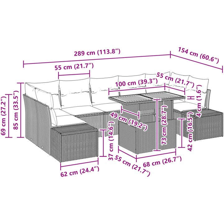 8-delars trädgårdsset med kuddar i svart polyrotan och akacia vidaXL 100 x 55 x 73 cm – bild 11