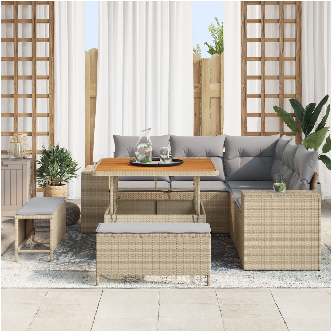 8-delars trädgårdssofa-set med kuddar Beige Poly rotting Akacia vidaXL Stor – bild 3