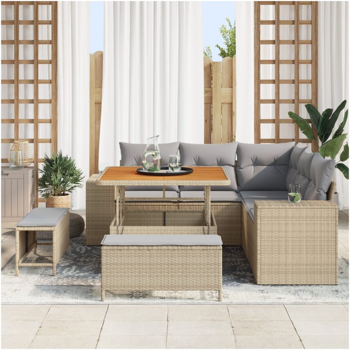 8-delars trädgårdssofa-set med kuddar Beige Poly rotting Akacia vidaXL Stor – bild 3