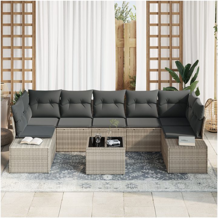 8-delars trädgårdssofa-set med kuddar, ljusgrå, poly rattan vidaXL 55 x 55 x 37 cm – bild 3