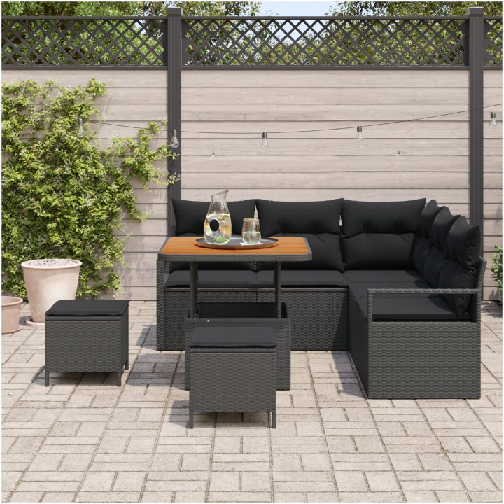 8 Delars Trädgårdssofa Set med Kuddar Svart Poly Rattan Akacia vidaXL Stor – bild 3
