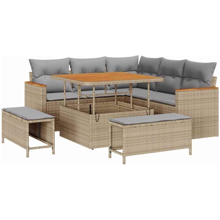 8-delars trädgårdssoff set med kuddar beige polyroting akacia vidaXL Stor – bild 2
