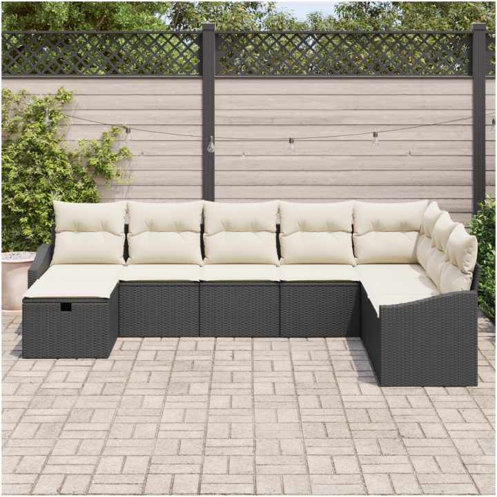 8-delars trädgårdssoffa med kuddar i svart polyrotting vidaXL 288,5 x 178,5 x 85 cm – bild 3