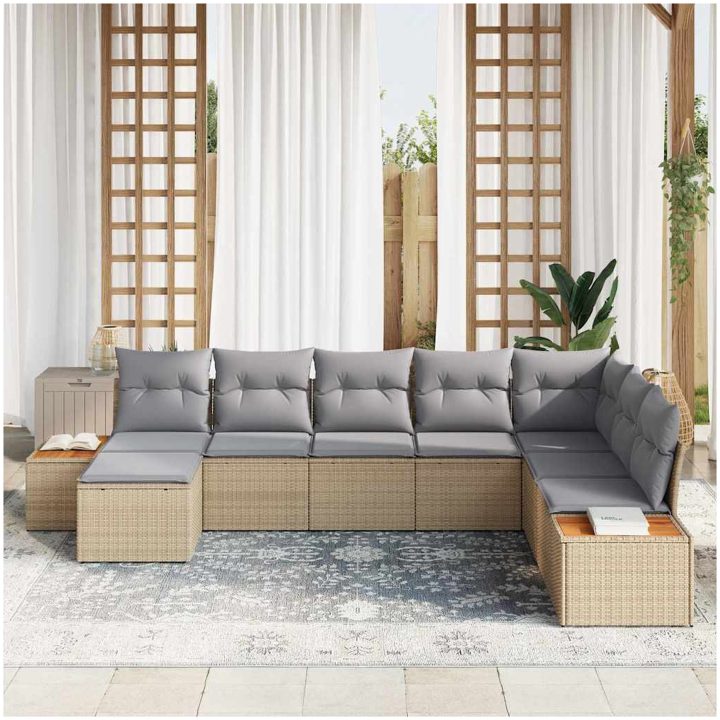 8 delars trädgårdssoffagrupp med kuddar beige poly rattan akacia vidaXL 319 x 209 x 69 cm – bild 3