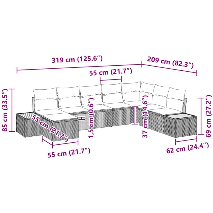 8 delars trädgårdssoffagrupp med kuddar beige poly rattan akacia vidaXL 319 x 209 x 69 cm – bild 9