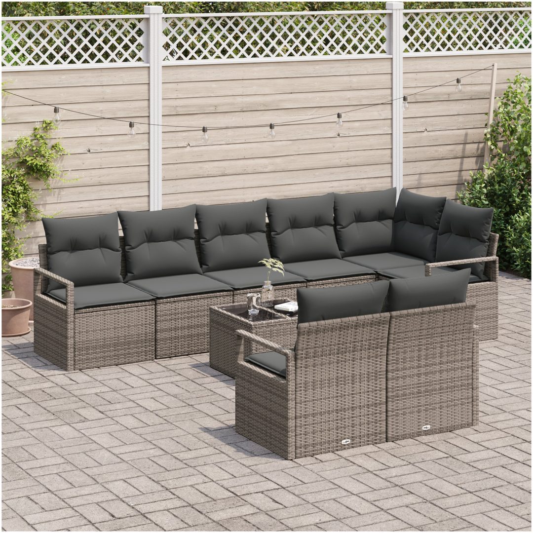 8-delars trädgårdssoffasett med kuddar svart poly rattan vidaXL Stor – bild 3