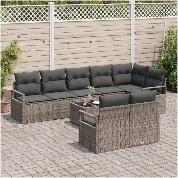 8-delars trädgårdssoffasett med kuddar svart poly rattan vidaXL Stor – bild 3