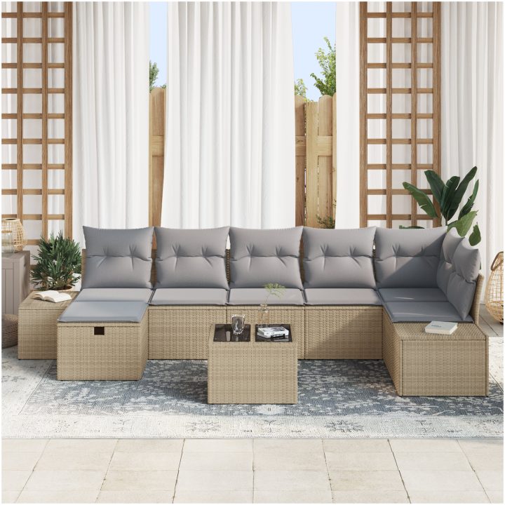 8-delars trädgårdssoffgrupp med kuddar i beige poly rattan vidaXL 55 x 55 x 37 cm – bild 3