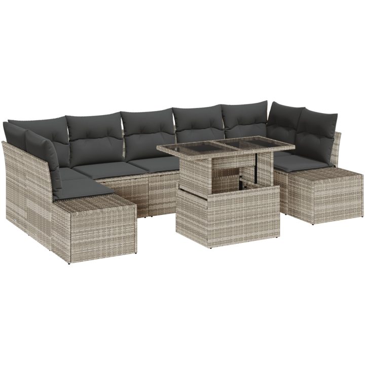 8-delars trädgårdssoffgrupp med kuddar i ljusgrå poly-rattan vidaXL 100 x 55 x 73 cm – bild 2