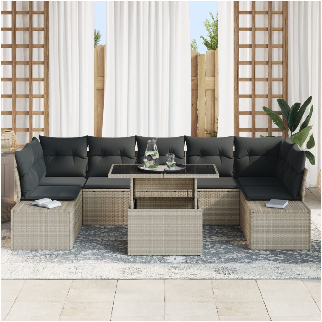 8-delars trädgårdssoffgrupp med kuddar i ljusgrå poly-rattan vidaXL 100 x 55 x 73 cm – bild 3