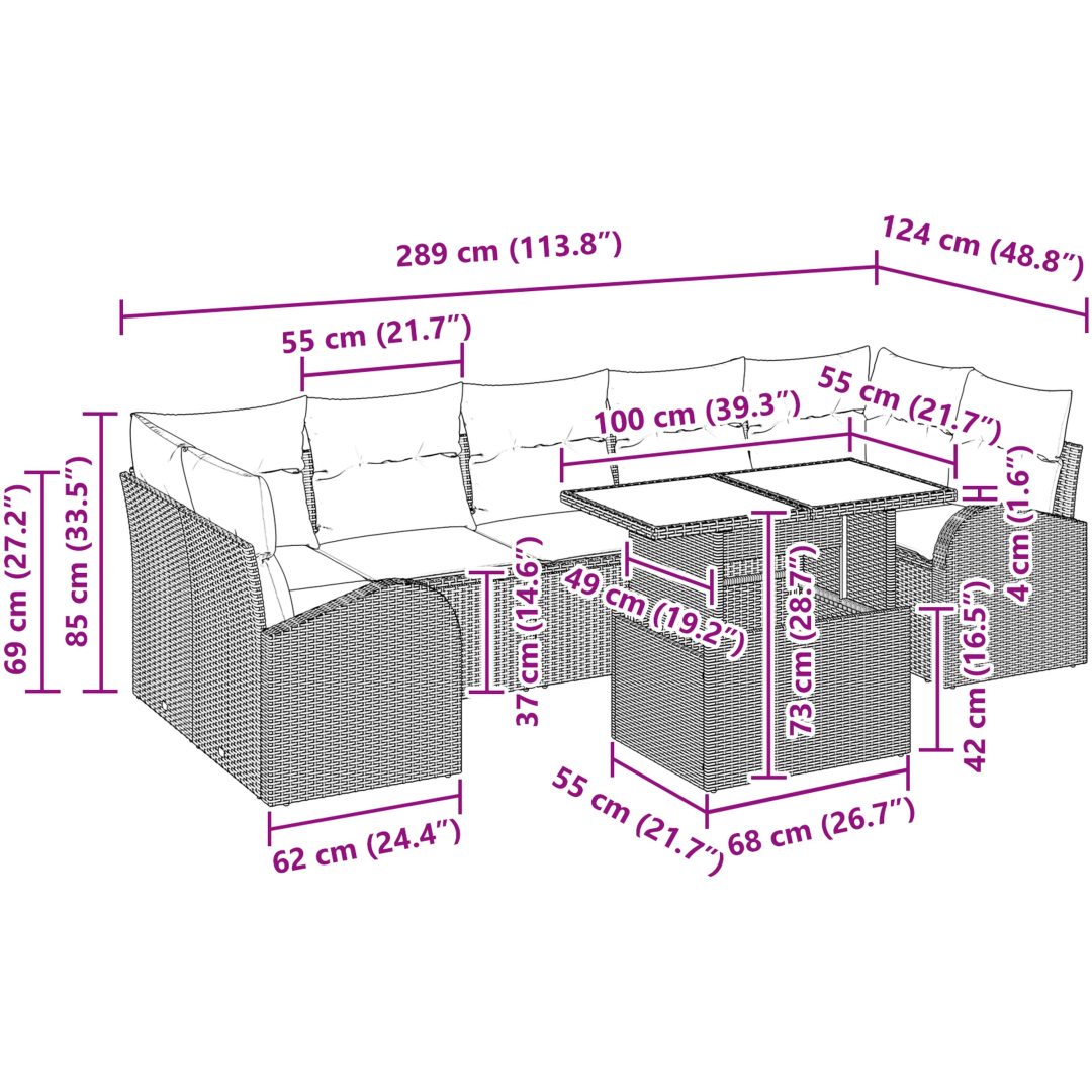 8-delars trädgårdssoffgrupp med kuddar i ljusgrå poly rotting vidaXL 100 x 55 x 73 cm – bild 11