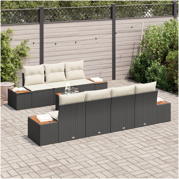 8-delars trädgårdssoffgrupp med kuddar i svart av poly rattan och akacia vidaXL 55 x 55 x 37 cm – bild 3