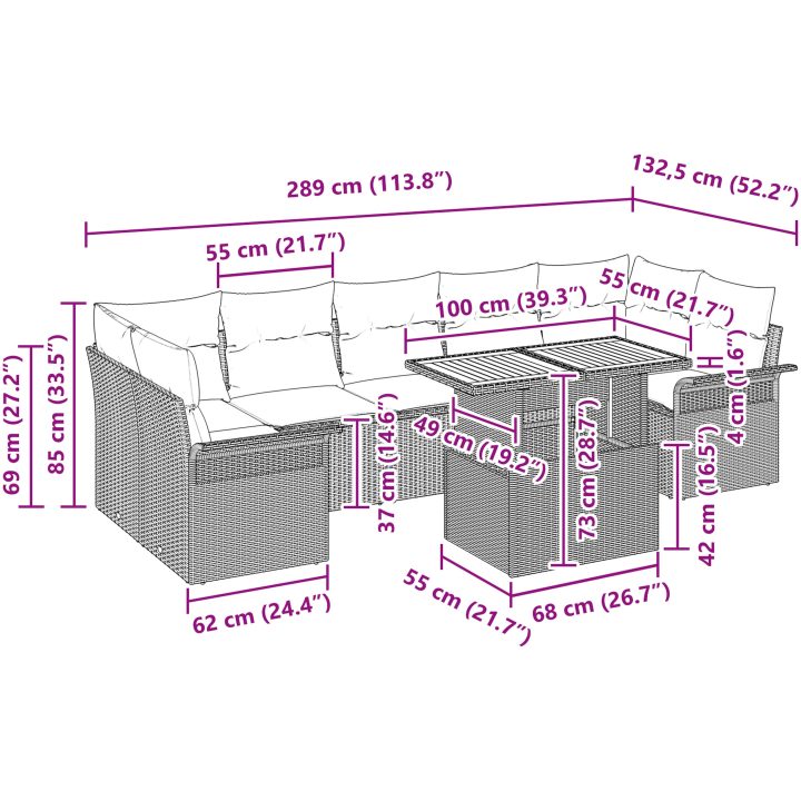 8 Delars Trädgårdssoffgrupp med Kuddar - Svart Poly Rattan och Akacia vidaXL 100 x 55 x 73 cm – bild 11
