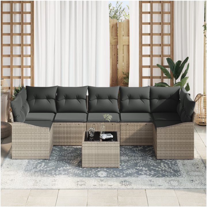 8-delars trädgårdssoffset med kuddar Ljusgrå Poly Rattan vidaXL 55 x 55 x 37 cm – bild 3