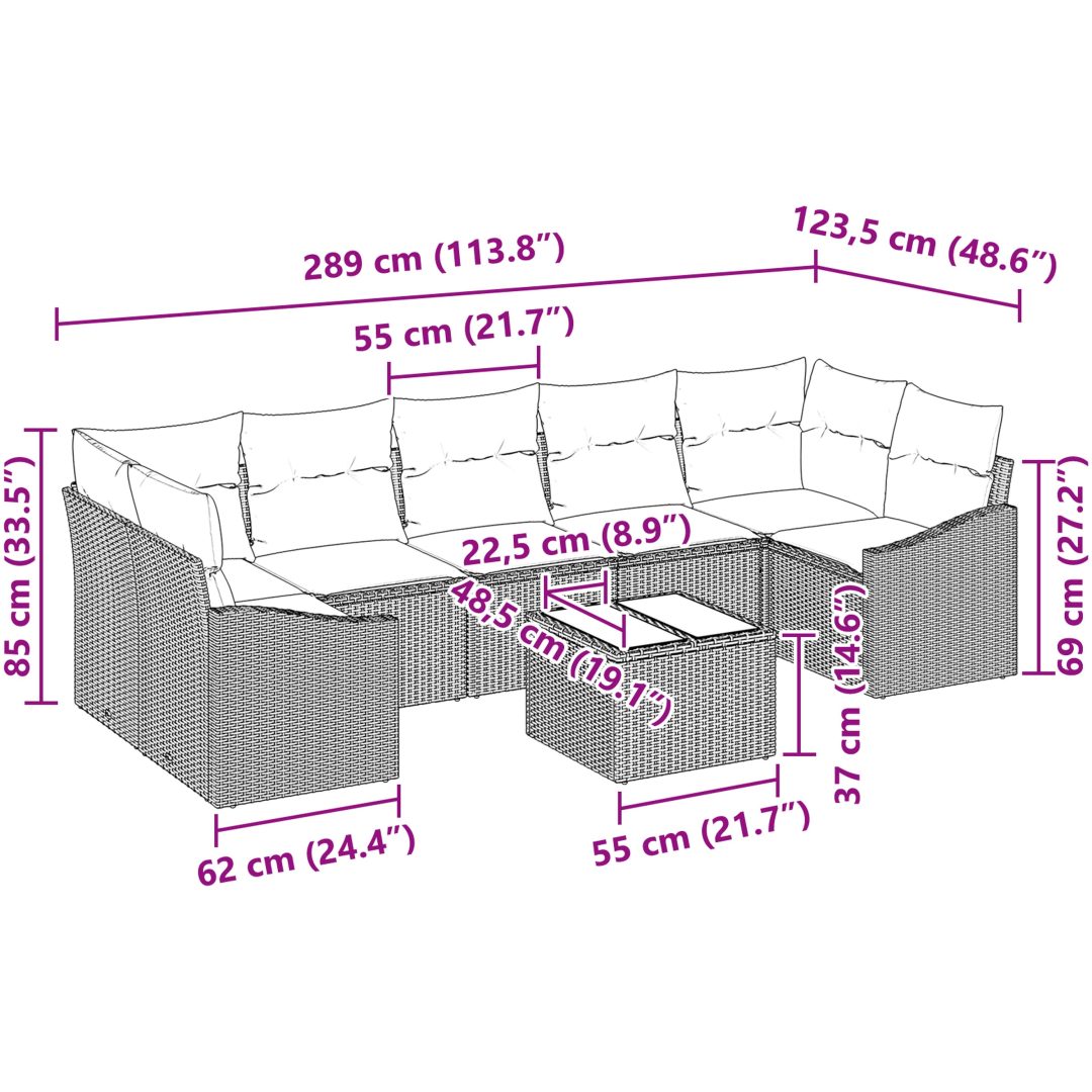 8-delars trädgårdssoffset med kuddar Ljusgrå Poly Rattan vidaXL 55 x 55 x 37 cm – bild 9