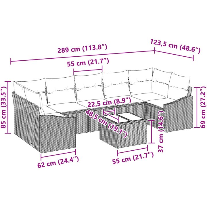 8-delars trädgårdssoffset med kuddar Ljusgrå Poly Rattan vidaXL 55 x 55 x 37 cm – bild 9