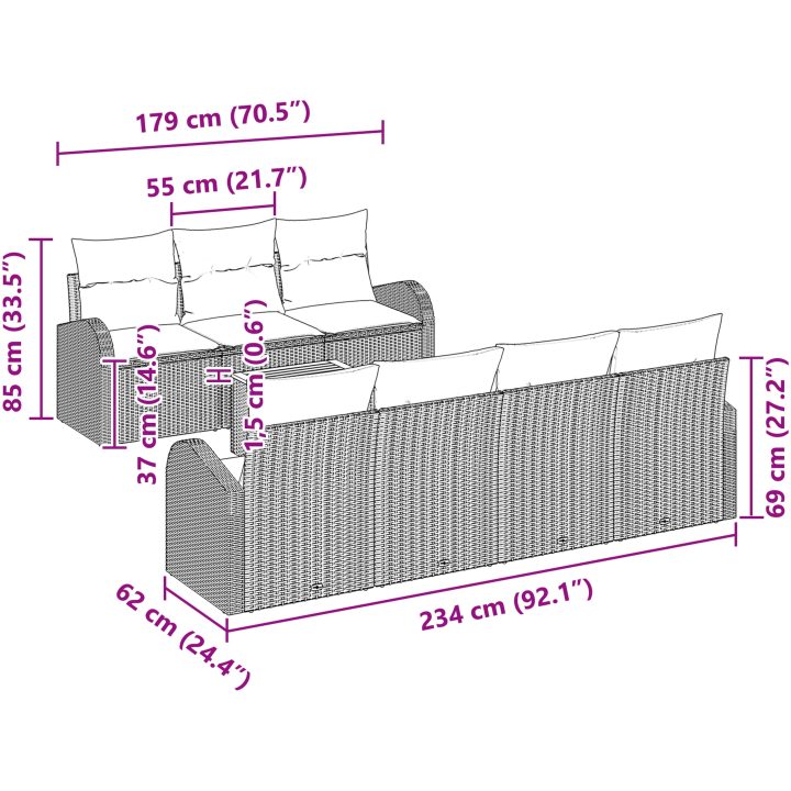 8 Delars Trädgårdsssofa Set med Kuddar Grå Poly Rattan Akacia vidaXL 55 x 55 x 37 cm – bild 11