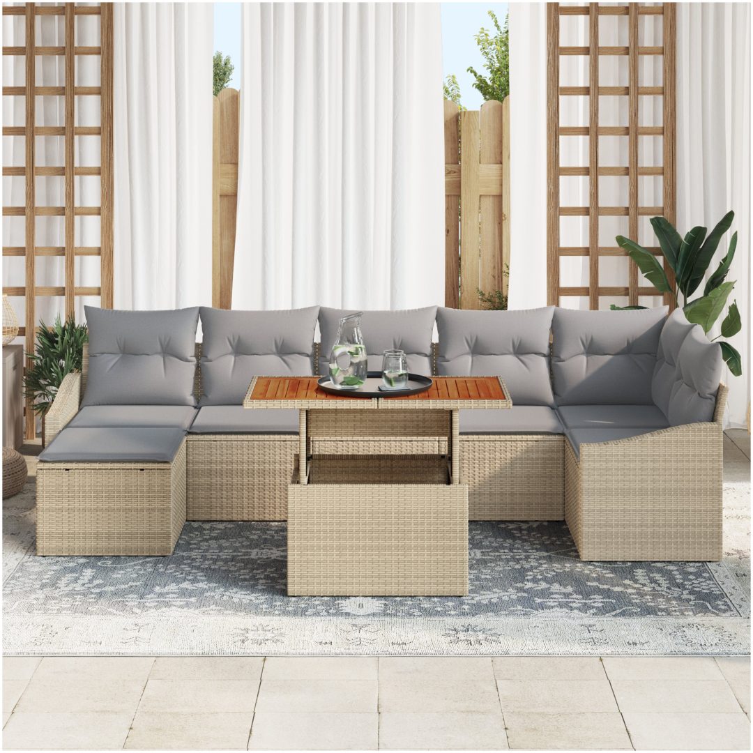 8-delars utemöbelgrupp med kuddar i beige poly-rattan vidaXL 100 x 55 x 73 cm – bild 3