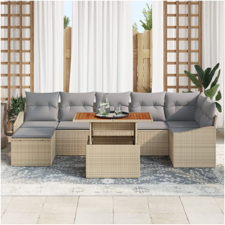 8-delars utemöbelgrupp med kuddar i beige poly-rattan vidaXL 100 x 55 x 73 cm – bild 3