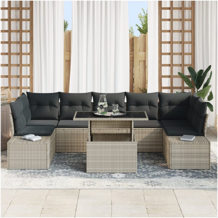 8-delars Utemöbelset med Kuddar Ljusgrå Poly Rattan vidaXL 100 x 55 x 73 cm – bild 3