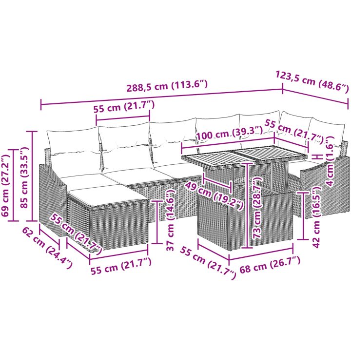 8-delat trädgårdsdining-set med kuddar i grå poly-rattan och akacia vidaXL 100 x 55 x 73 cm – bild 12