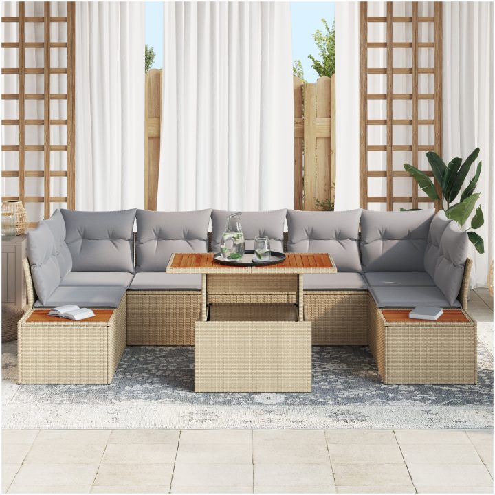 8-delat trädgårdsmöbelset med kuddar i beige poly-rattan och akacia vidaXL 100 x 55 x 73 cm – bild 3