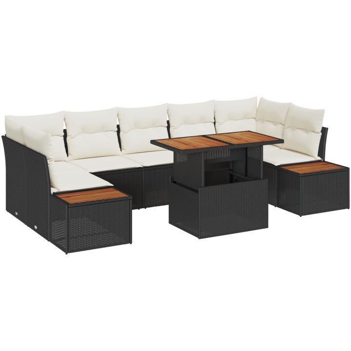 8-delat trädgårdsmöbelset med kuddar i svart poly-rattan och akacia. vidaXL 100 x 55 x 73 cm – bild 2