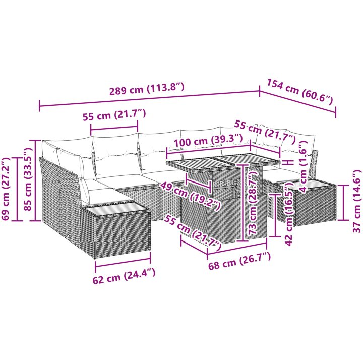 8-delat trädgårdsmöbelset med kuddar i svart poly-rattan och akacia. vidaXL 100 x 55 x 73 cm – bild 11