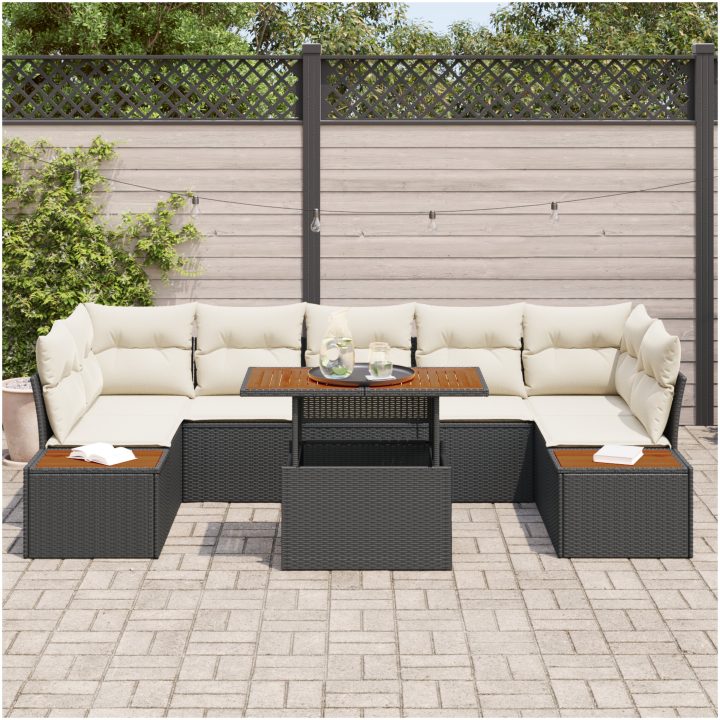 8-delat trädgårdsmöbelset med kuddar i svart poly-rattan och akacia. vidaXL 100 x 55 x 73 cm – bild 3