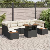 8-delat trädgårdsmöbelset med kuddar i svart poly-rattan och akacia. vidaXL