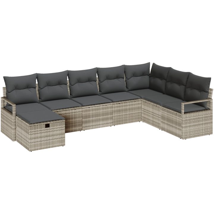 8-delat trädgårdsofa-set med dynor Ljusgrå polyrotting vidaXL Stor – bild 2