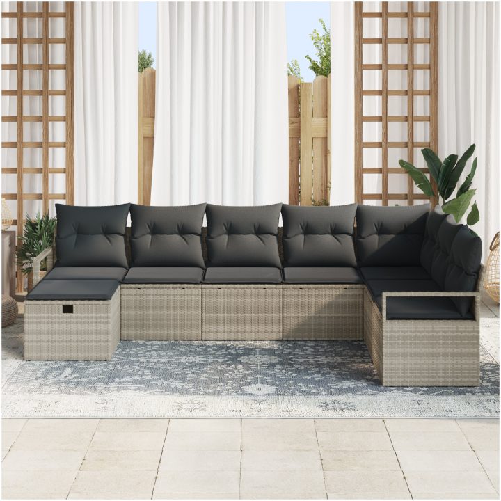 8-delat trädgårdsofa-set med dynor Ljusgrå polyrotting vidaXL Stor – bild 3