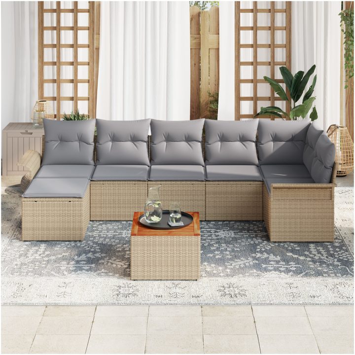8-delat trädgårdsofa set med kuddar beige polyrotting acacia vidaXL 55 x 55 x 37 cm – bild 3
