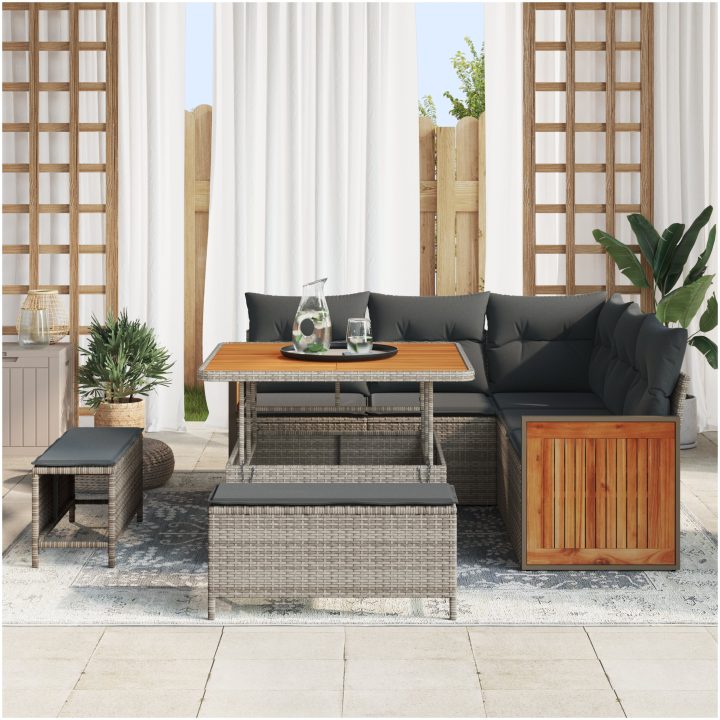 8-delat Trädgårdsofa-set med kuddar Grå Poly Rattan Akacia vidaXL Medium – bild 3
