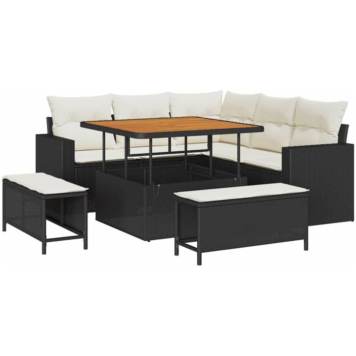 8-delat Trädgårdsofa Set med Kuddar Svart Poly Rattan Akacia vidaXL Liten, medium, 2 - Sits, 100 cm – bild 2