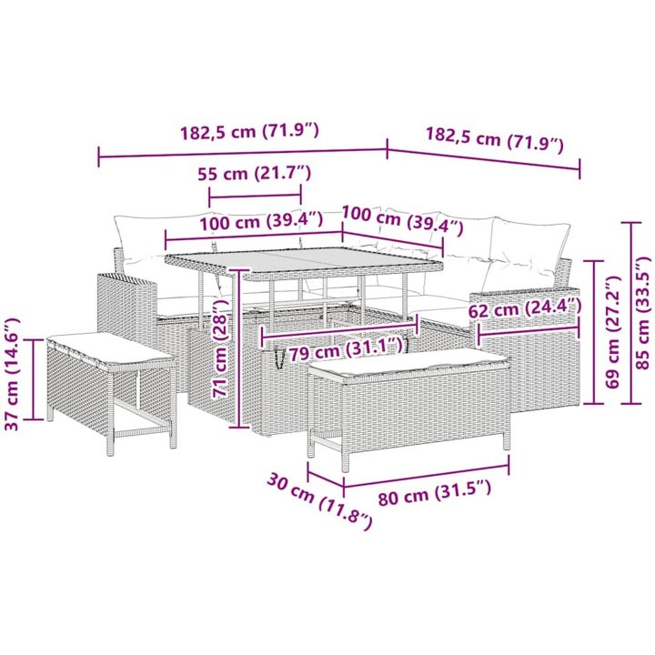8-delat Trädgårdsofa Set med Kuddar Svart Poly Rattan Akacia vidaXL Liten, medium, 2 - Sits, 100 cm – bild 9