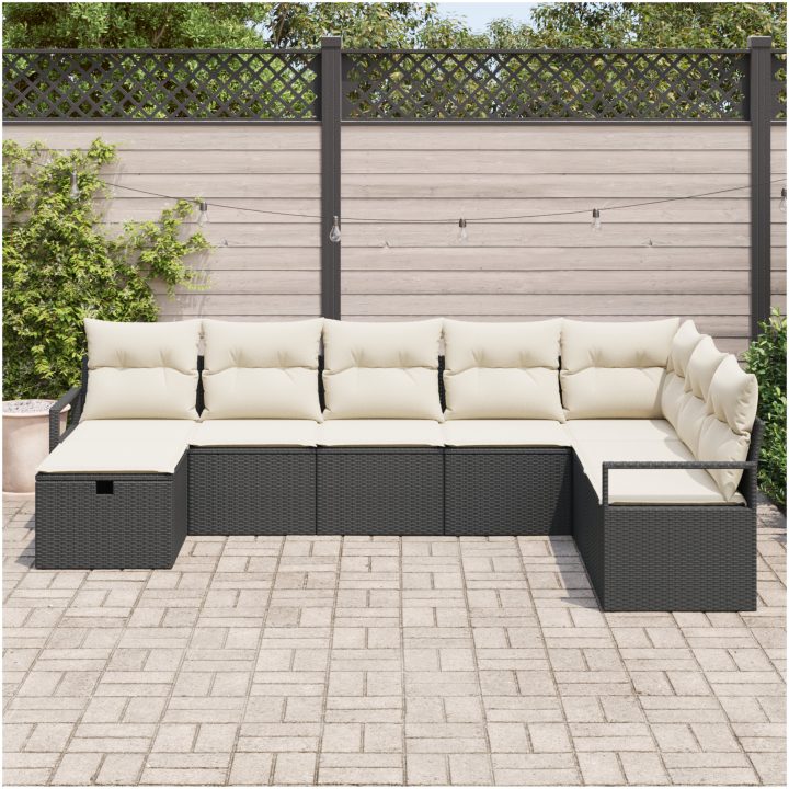 8-delat trädgårdsofa-set med kuddar svart poly rotting vidaXL Stor – bild 3