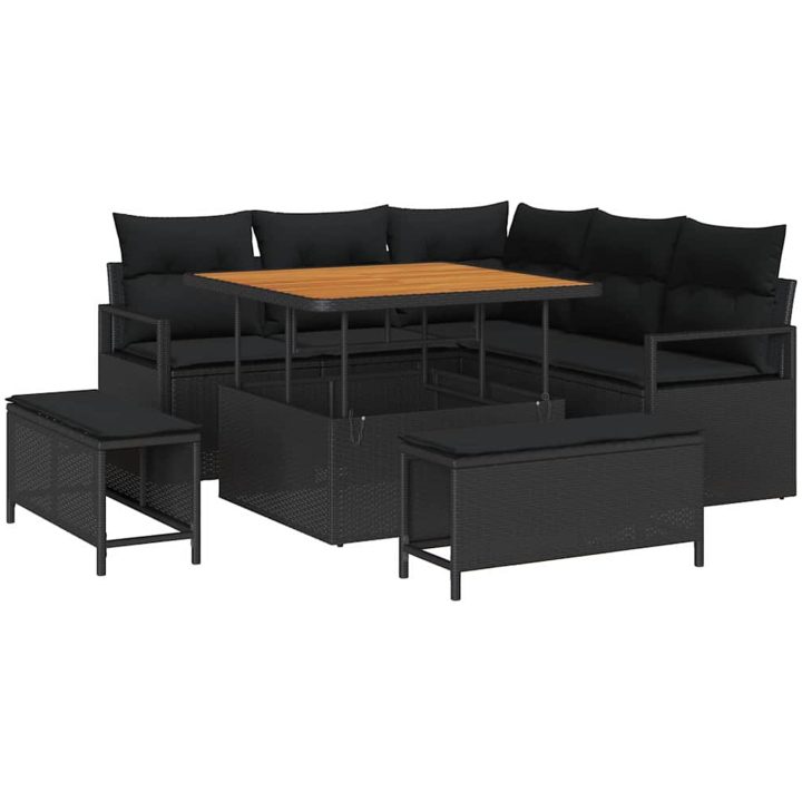 8-delat trädgårdsofaset med kuddar svart polyrotting akacia vidaXL Medium – bild 2