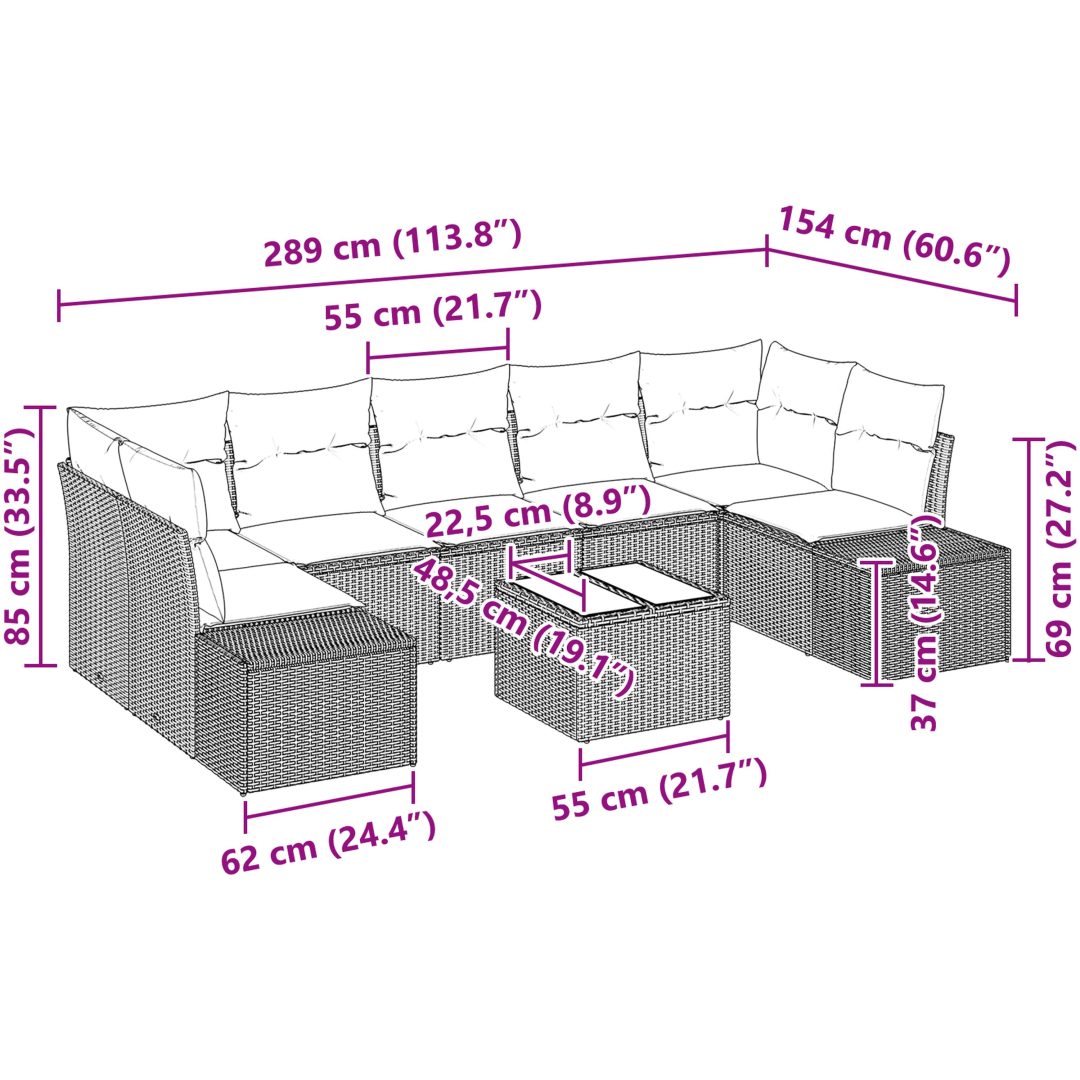 8-delat trädgårdsoff set med dynor i brun poly rattan vidaXL 55 x 55 x 37 cm – bild 9